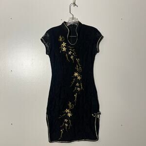 Silver Dragon Vintage Asia Black Floral Embroidered Flowy Dress Womans Size M